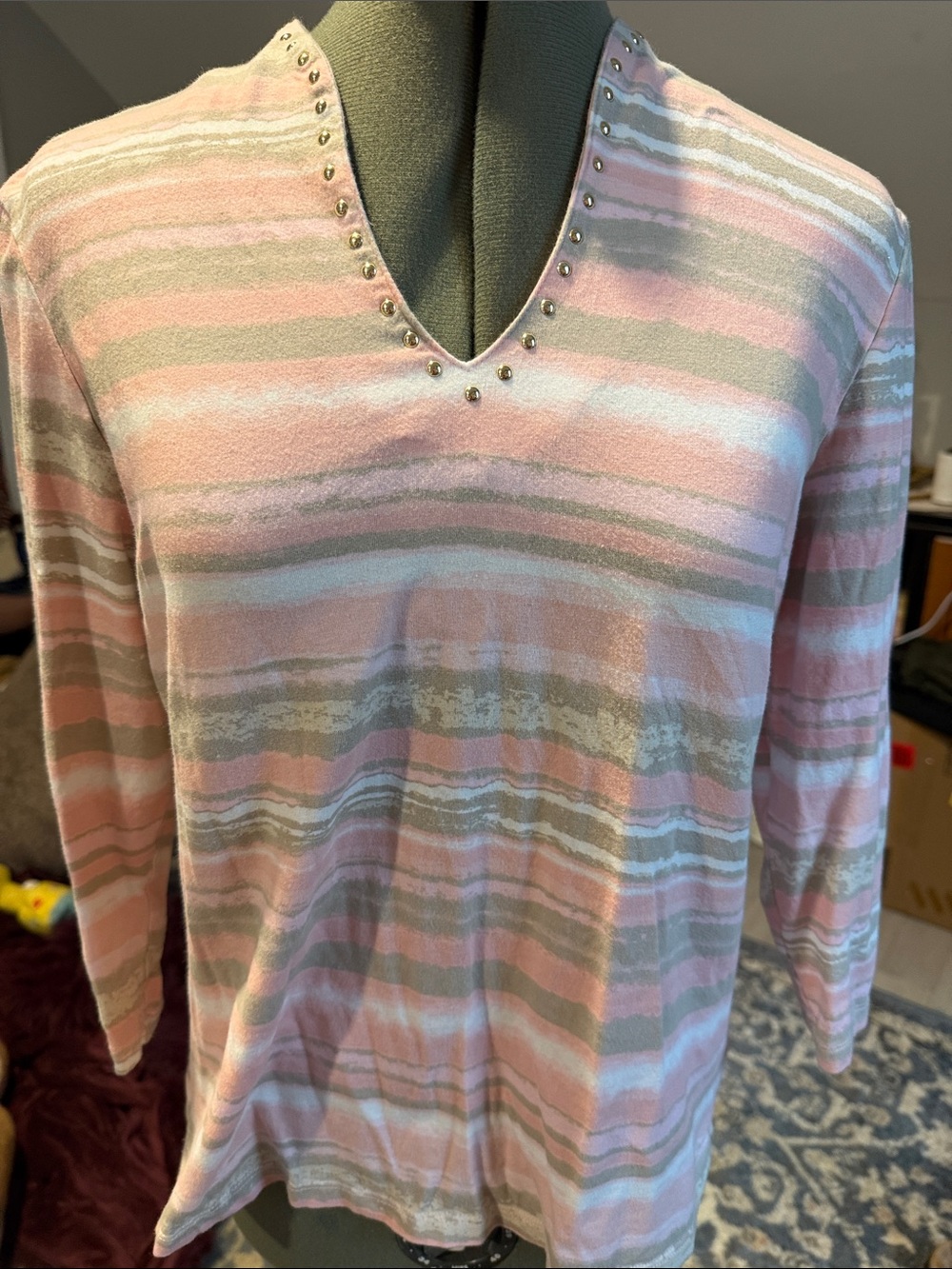 Ruby Rd. Pink and Gray Striped Stud-Trim V-Neck Top